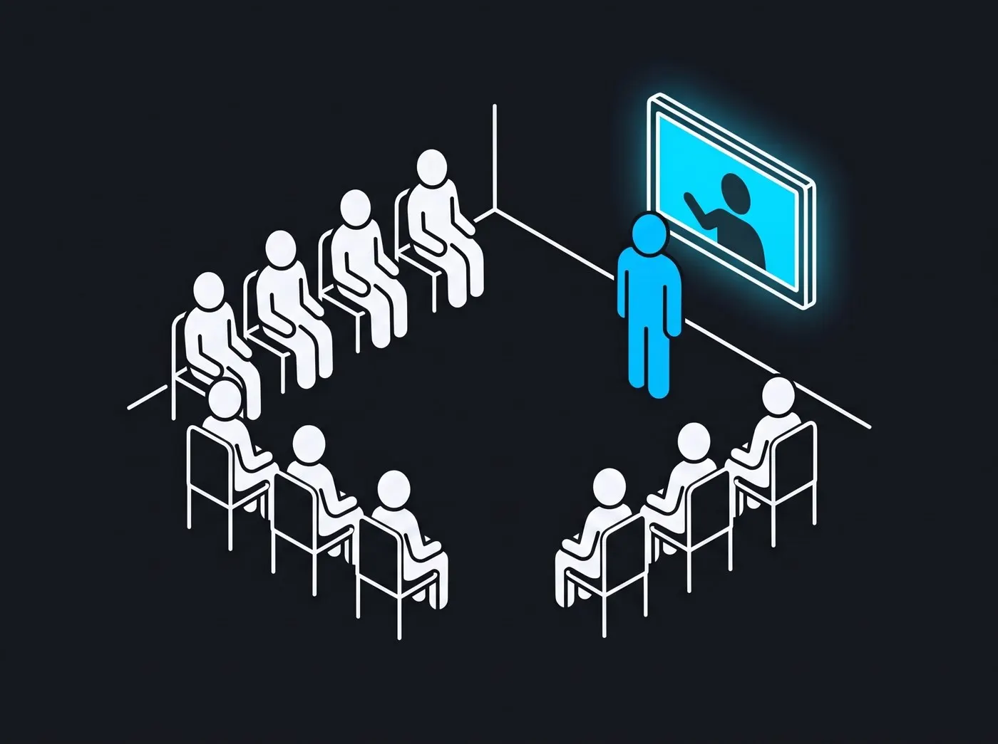 Ilustração: turma reduzida, uma pessoa falando e uma tela